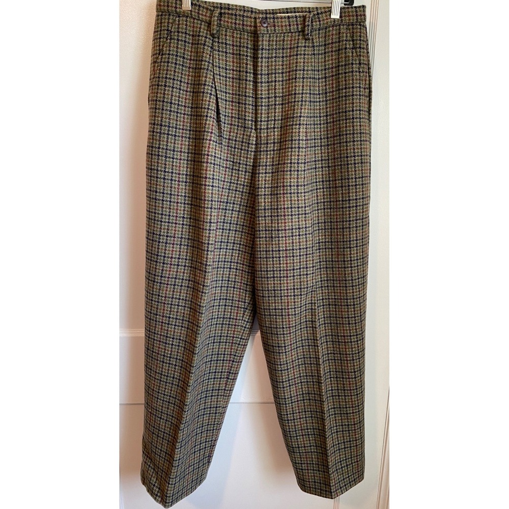 Eddie Bauer Vintage 100% Wool Plaid Trousers Brown Green Blue Pleated Tall 14